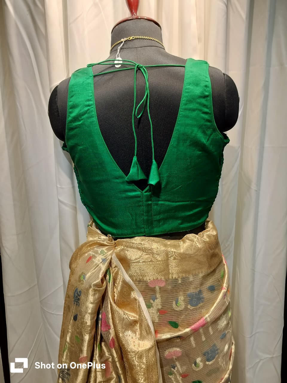 Green Soft Silk V Neck Padded Blouse With Attached Sleeves