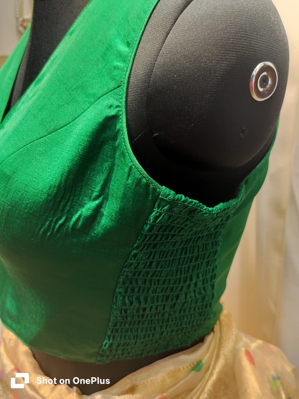 Green Soft Silk V Neck Padded Blouse With Attached Sleeves
