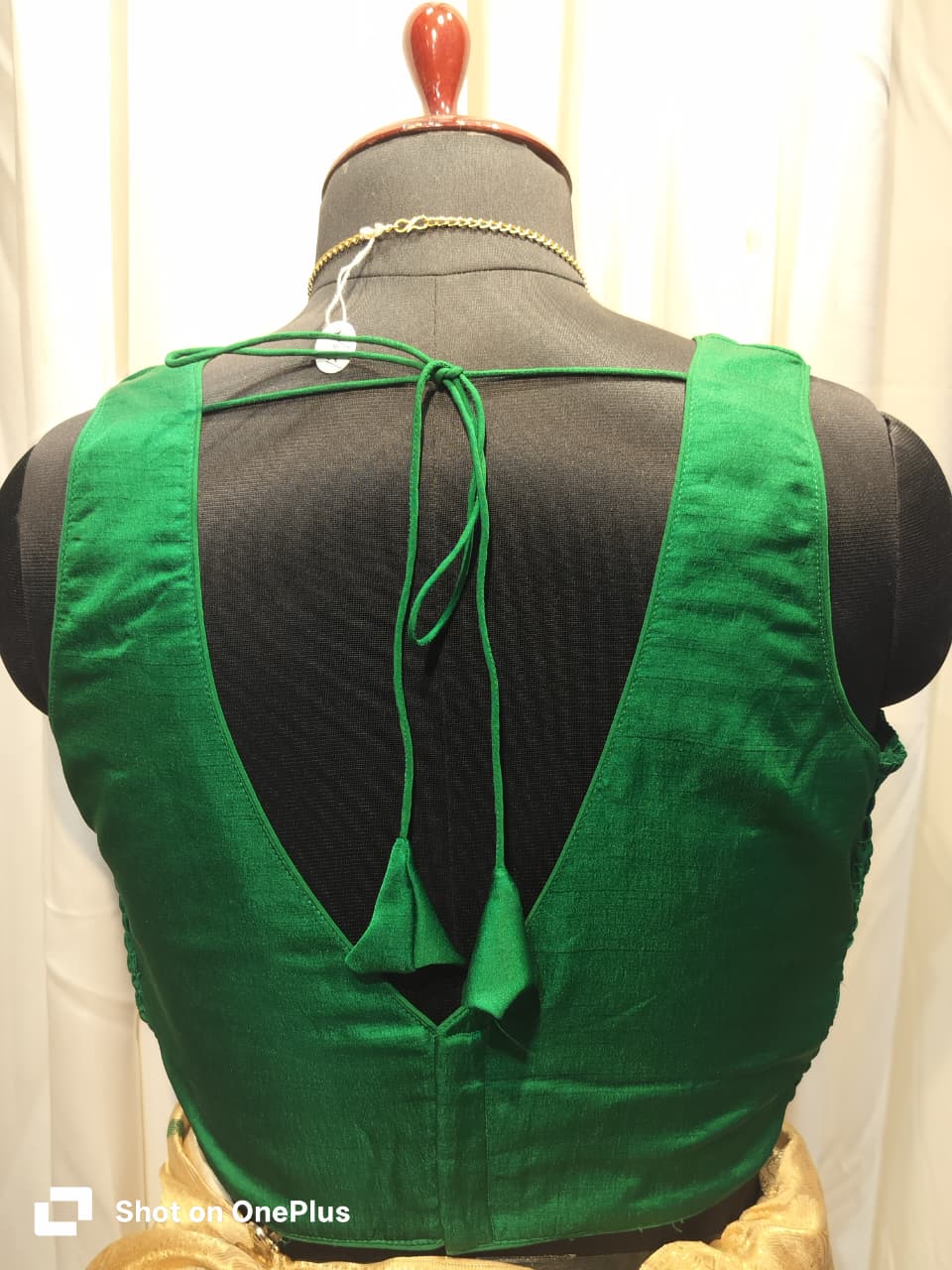 Green Soft Silk V Neck Padded Blouse With Attached Sleeves