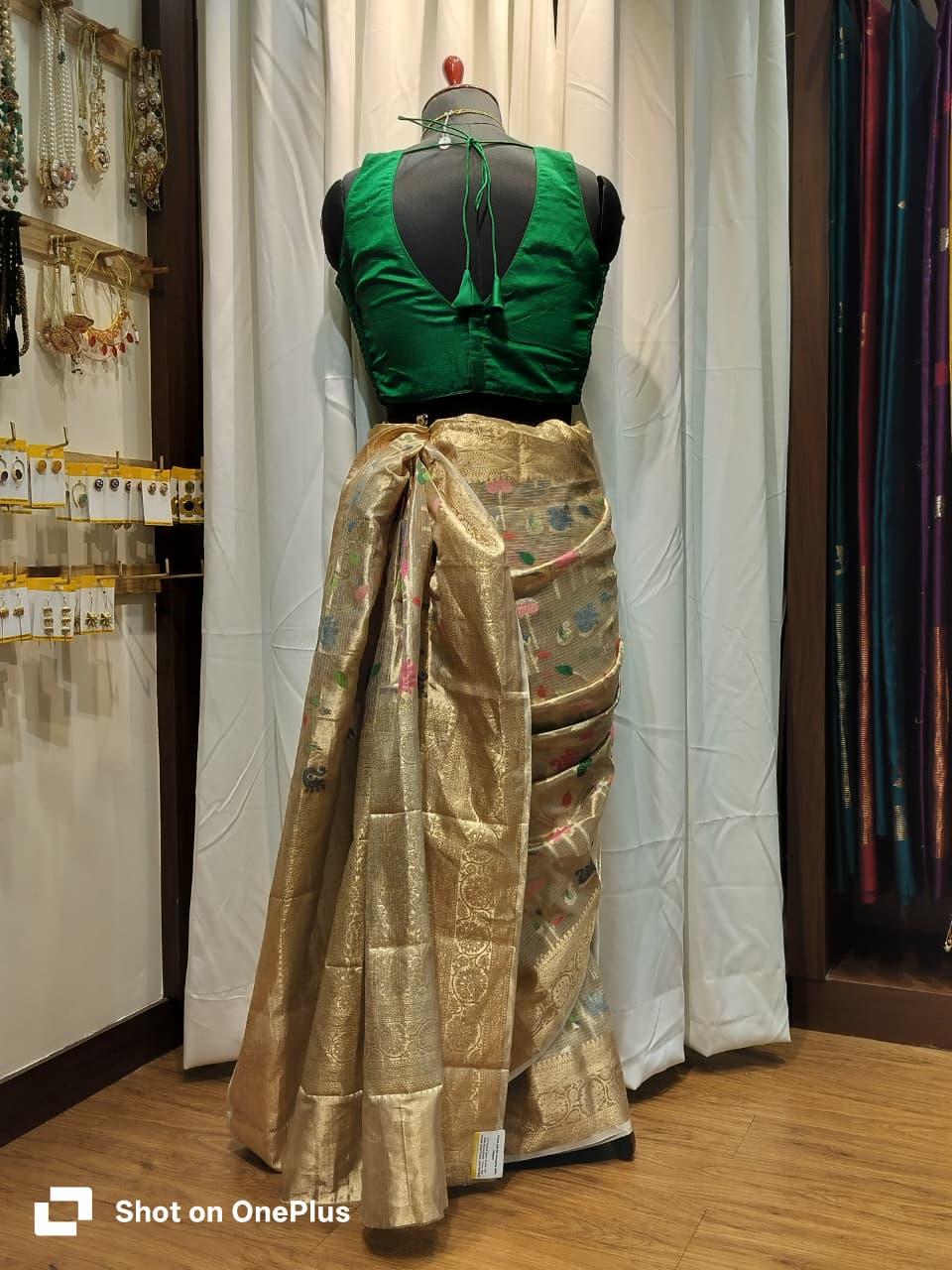 Green Soft Silk V Neck Padded Blouse With Attached Sleeves