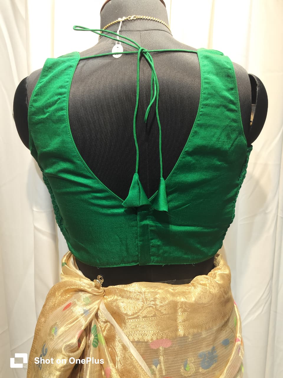 Green Soft Silk V Neck Padded Blouse With Attached Sleeves