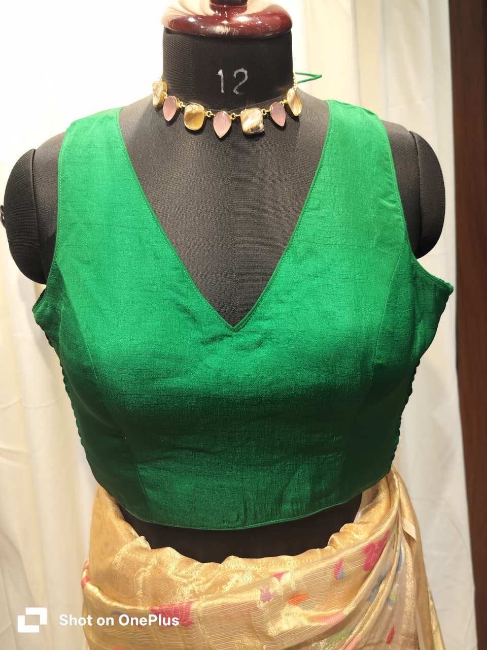 Green Soft Silk V Neck Padded Blouse With Attached Sleeves