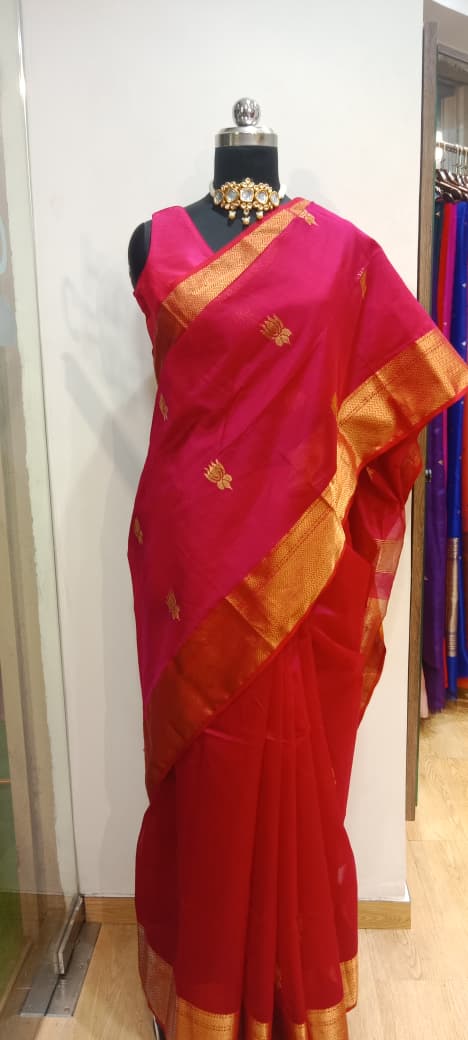 Hot Pink Maheshwari Big Lotus Butti Zari Pallu Handloom Saree