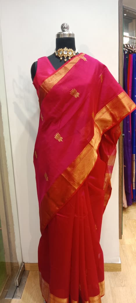 Hot Pink Maheshwari Big Lotus Butti Zari Pallu Handloom Saree