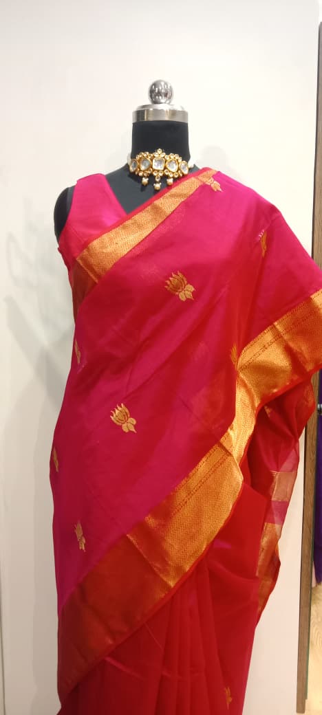 Hot Pink Maheshwari Big Lotus Butti Zari Pallu Handloom Saree