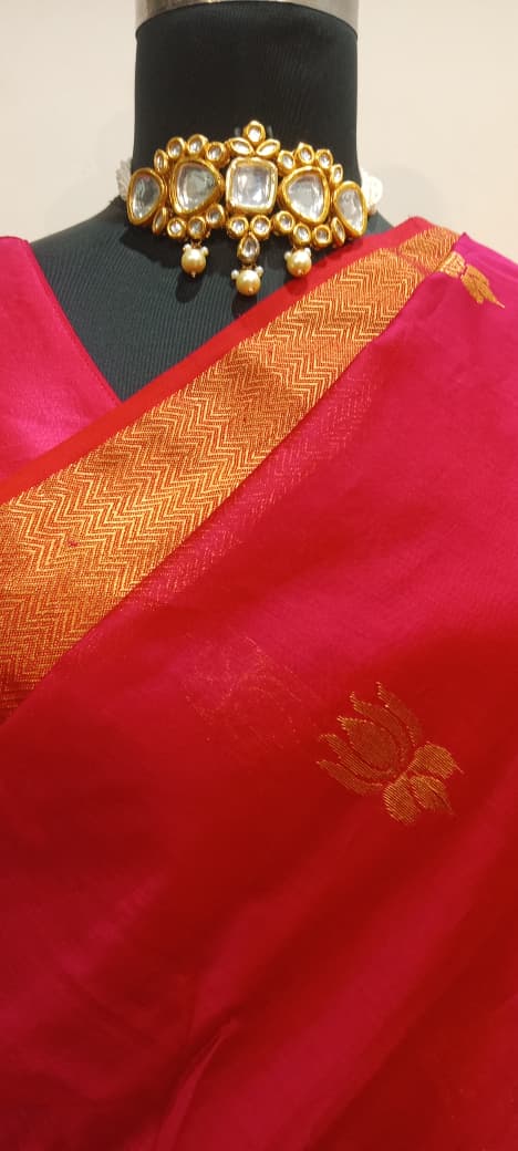 Hot Pink Maheshwari Big Lotus Butti Zari Pallu Handloom Saree