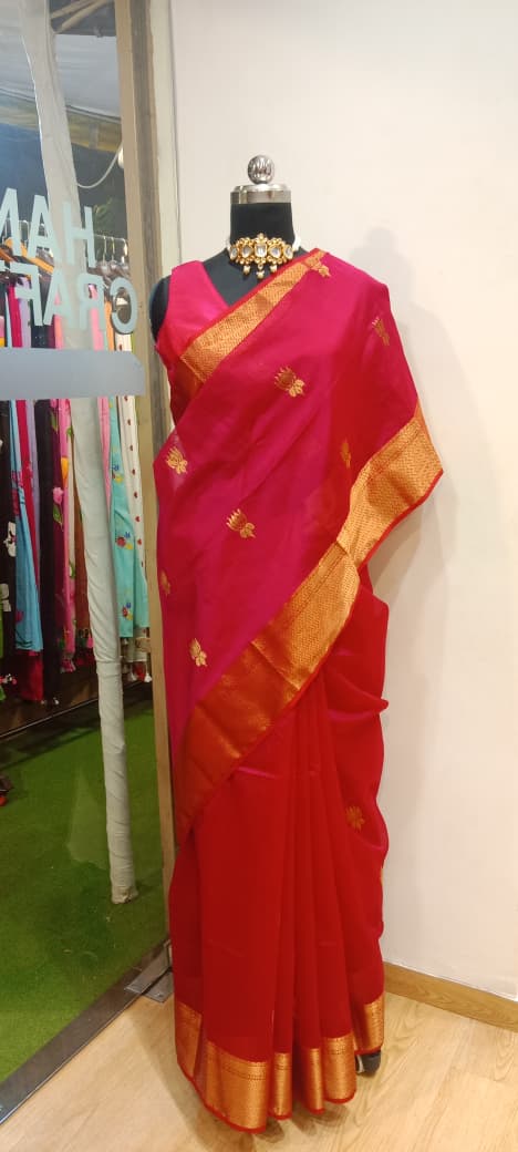 Hot Pink Maheshwari Big Lotus Butti Zari Pallu Handloom Saree