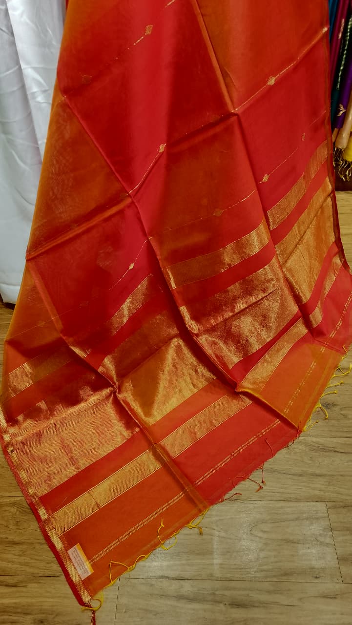 Orange and Red dual shade Maheshwari Zari Stripes Handloom Saree