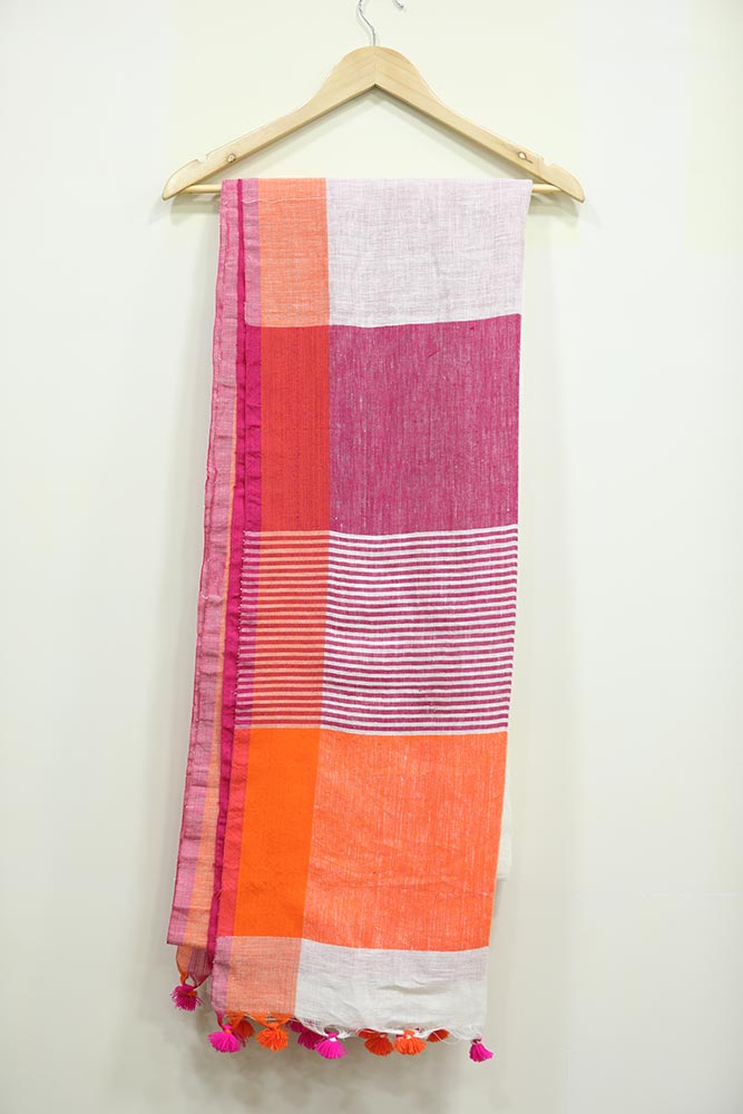 White with Orange & Pink Plain Zari Handloom Linen