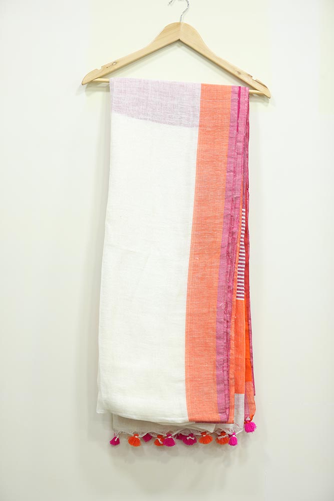 White with Orange & Pink Plain Zari Handloom Linen