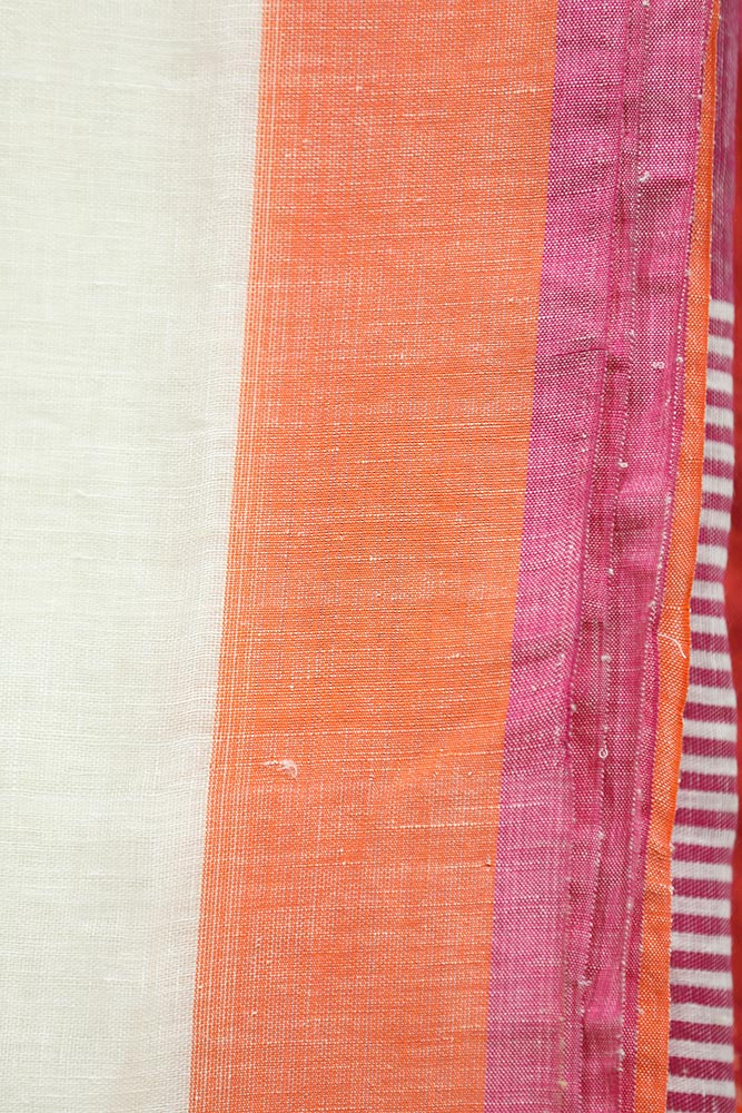 White with Orange & Pink Plain Zari Handloom Linen