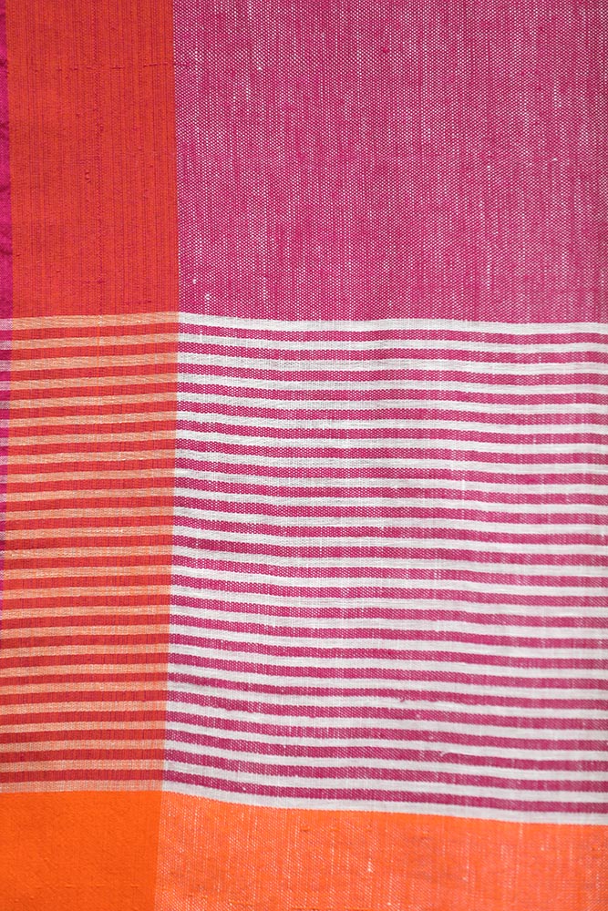 White with Orange & Pink Plain Zari Handloom Linen