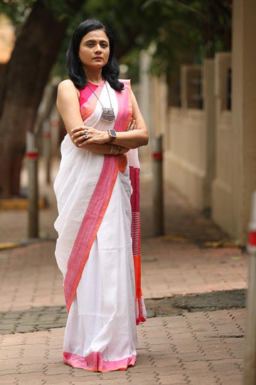 White with Orange & Pink Plain Zari Handloom Linen