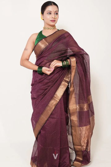 Wine Maheshwari Zari Checks Handloom Saree