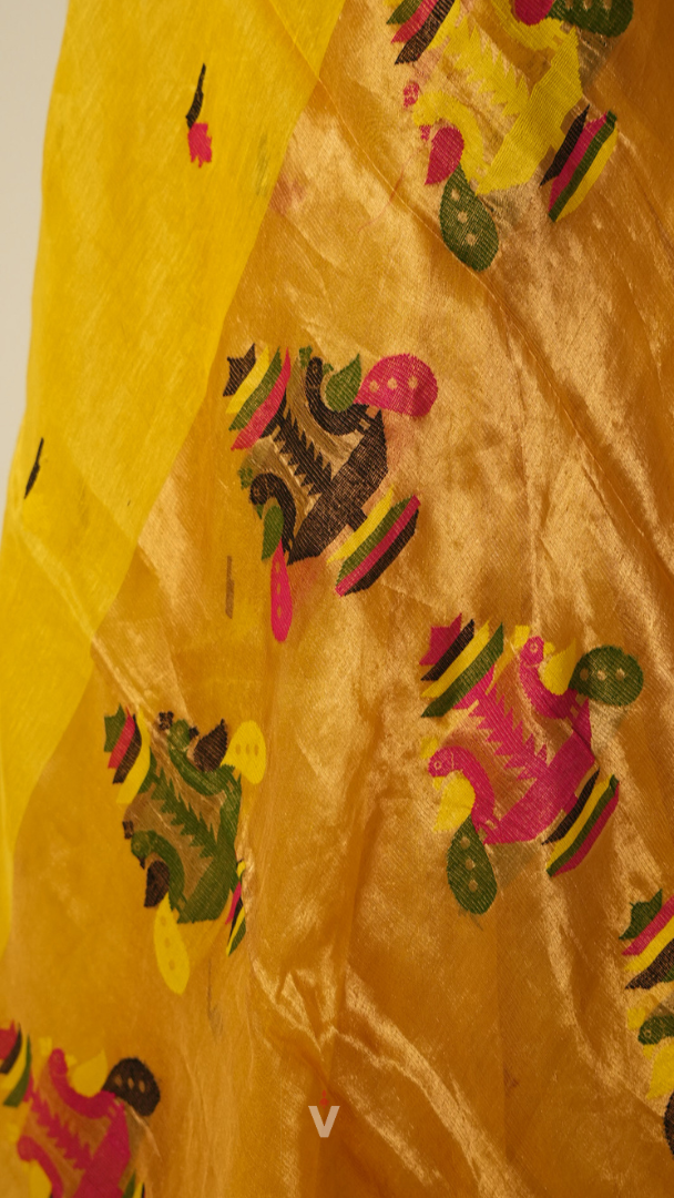 Yellow Handloom Silk Linen Peacock Paithani Pallu Saree