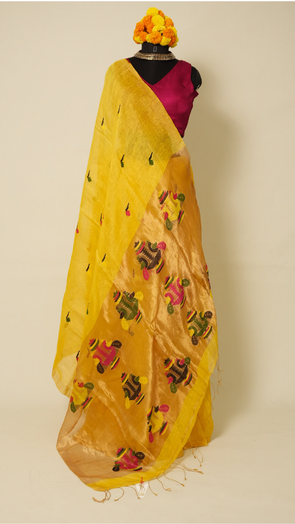 Yellow Handloom Silk Linen Peacock Paithani Pallu Saree