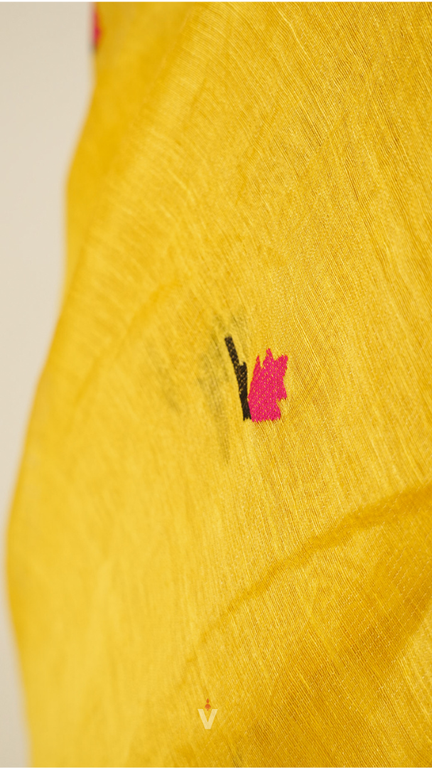 Yellow Handloom Silk Linen Peacock Paithani Pallu Saree