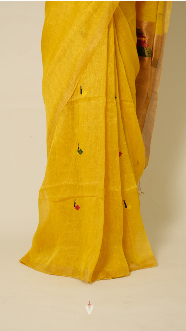 Yellow Handloom Silk Linen Peacock Paithani Pallu Saree