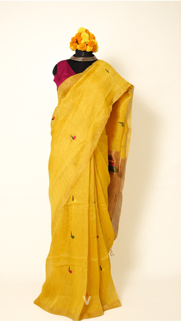 Yellow Handloom Silk Linen Peacock Paithani Pallu Saree