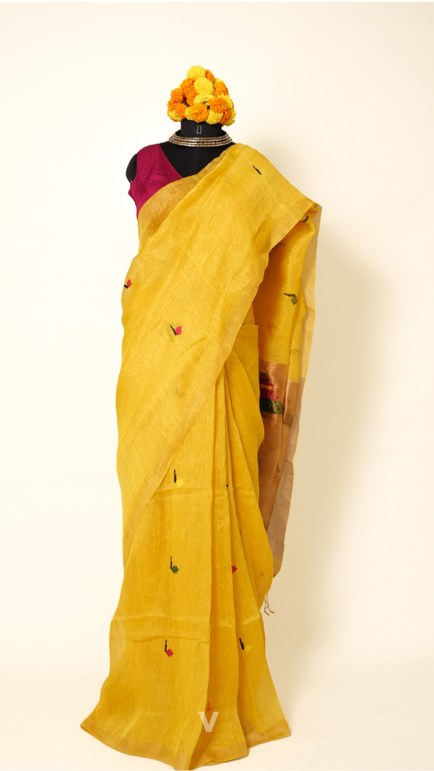 Yellow Handloom Silk Linen Peacock Paithani Pallu Saree