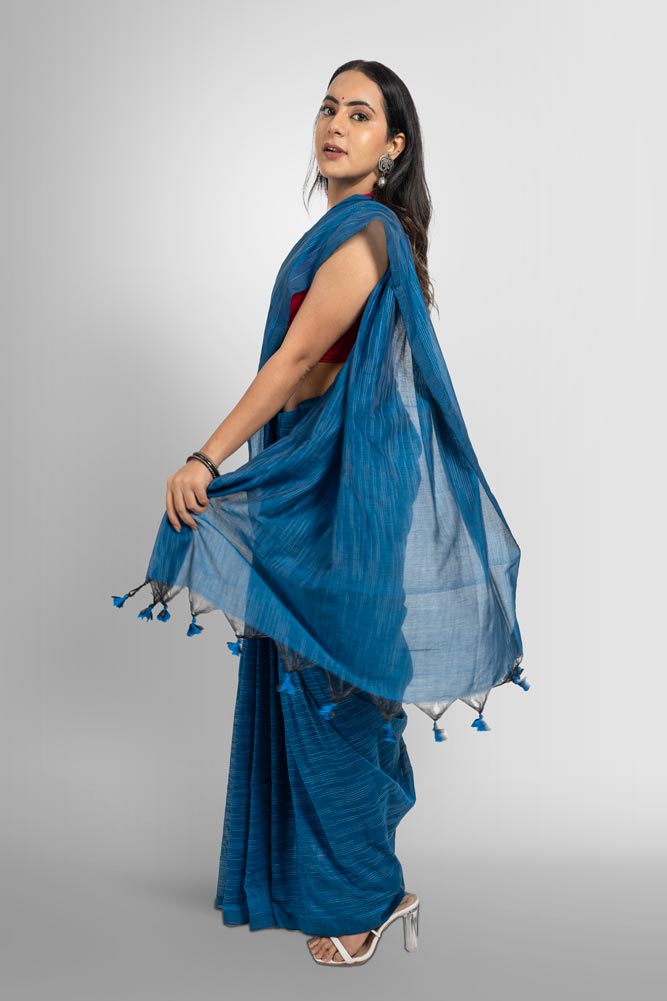 Blue ikkat handloom saree with tassels
