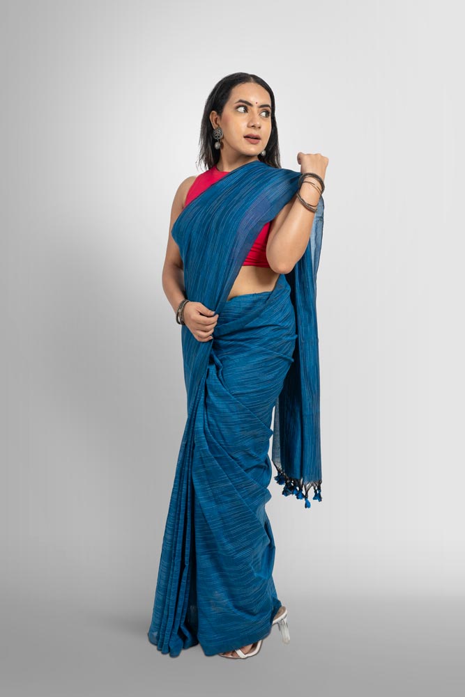 Blue ikkat handloom saree with tassels