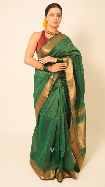 Green Maheshwari Zari Checks Handloom Saree with rich gold zari border