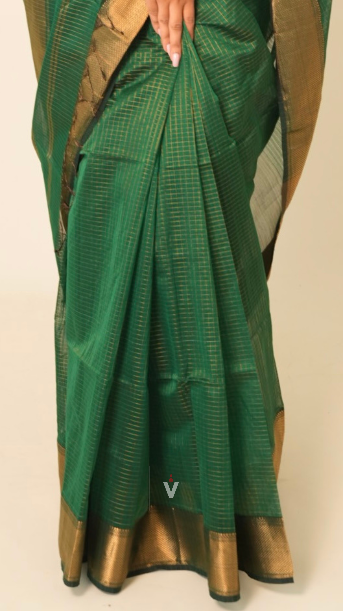 Green Handloom Maheshwari Saree featuring intricate zari checks and gold border
