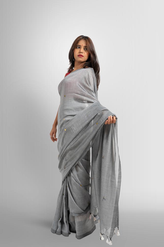 Light Grey Handloom Saree with Gold Bindi