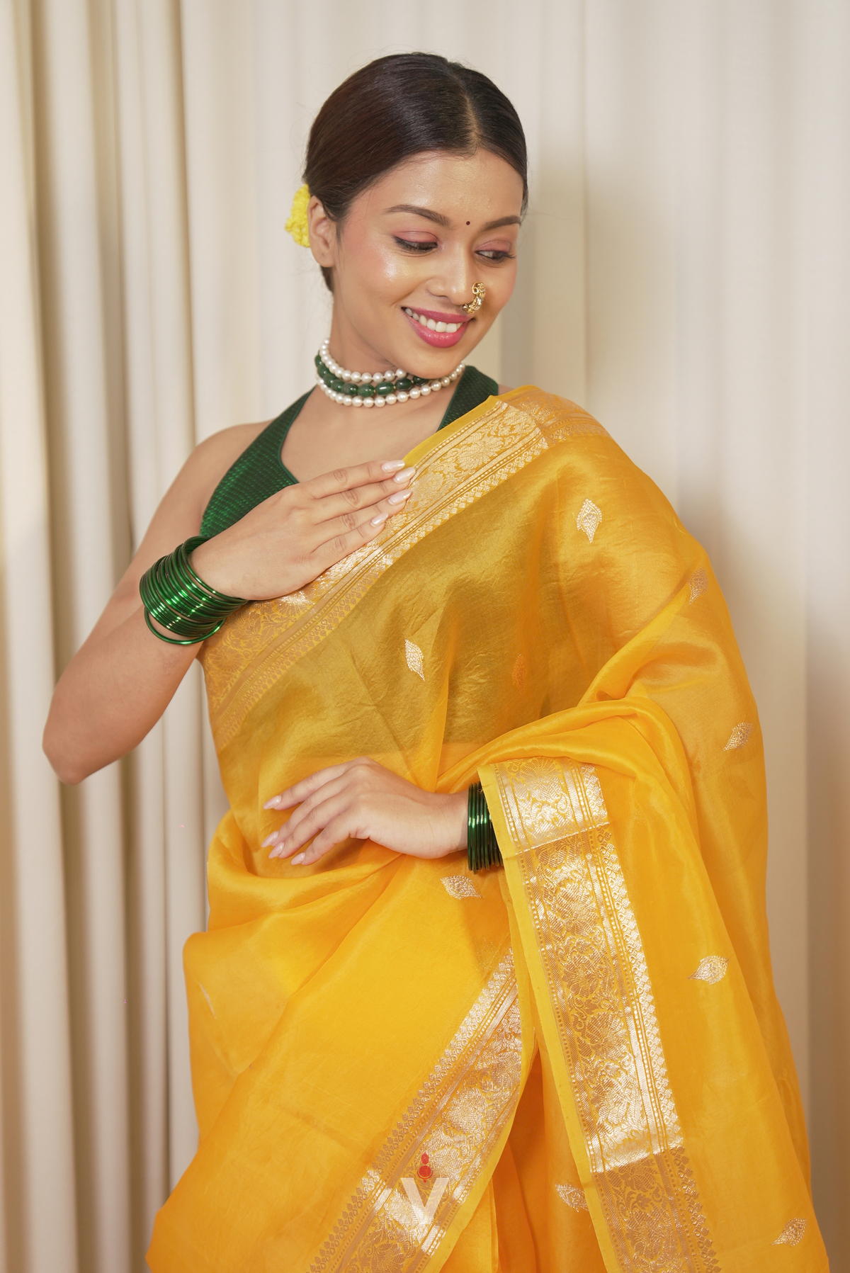 Mustard Yellow Kora Silk Kadwa Sona Roopa Banarasi Saree