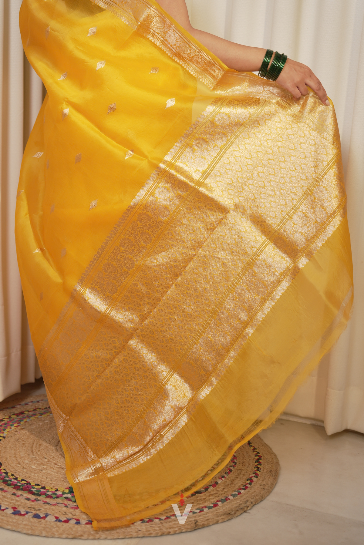 Mustard Yellow Kora Silk Kadwa Sona Roopa Banarasi Saree