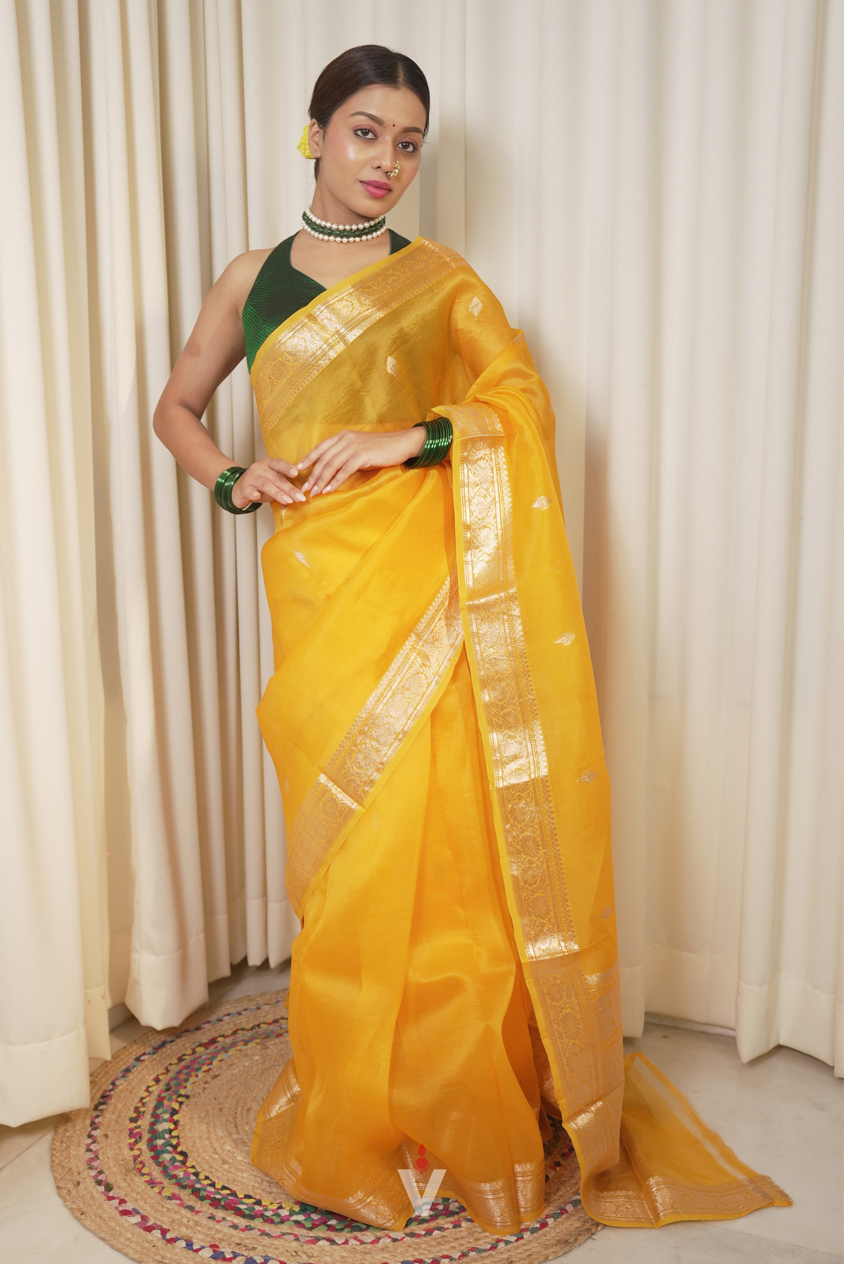 Mustard Yellow Kora Silk Kadwa Sona Roopa Banarasi Saree
