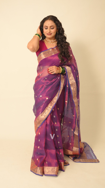 Magenta Violet Tissue Silk Handloom Banarasi Saree by Vishmi