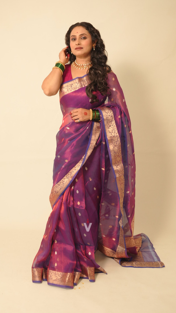 Magenta Violet Banarasi Tissue Silk Saree with Woven Border